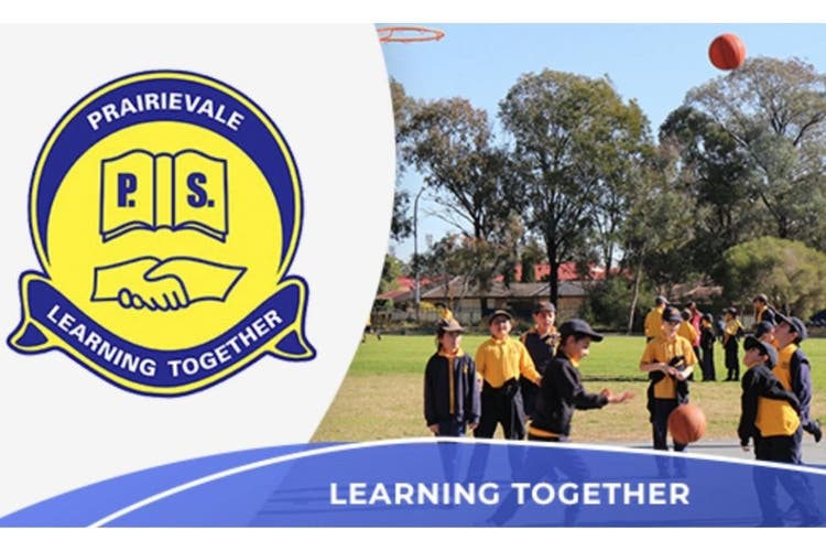 School logo and students in playground