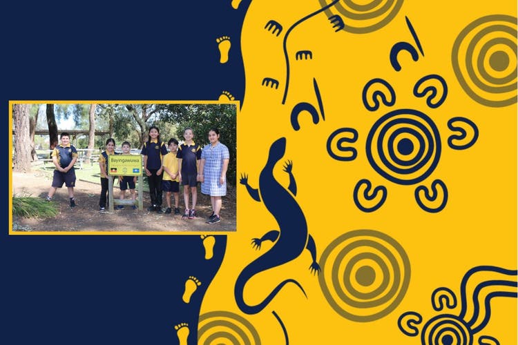 Aboriginal logo and students in Aboriginal garden